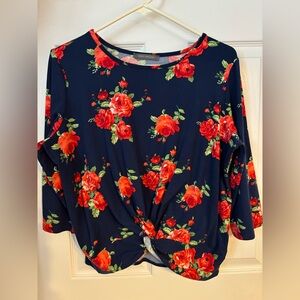 Suzy Shier Navy and Red Floral Blouse